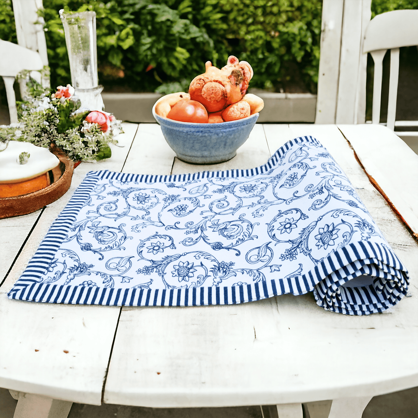 Blue runner, swirl print, blue stripe border, cotton table runner, victorian pattern, sizes available