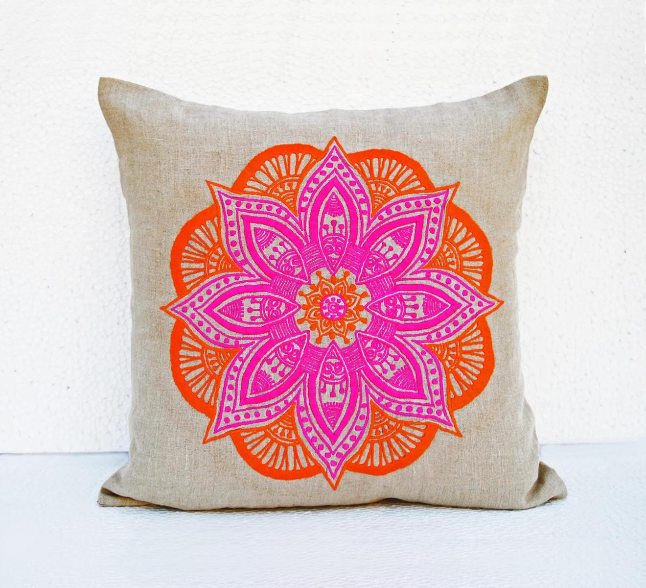 Mandala linen pillow cover, embroidered pillow case, tribal, indian craft pillow, ethnic, 16"X16"
