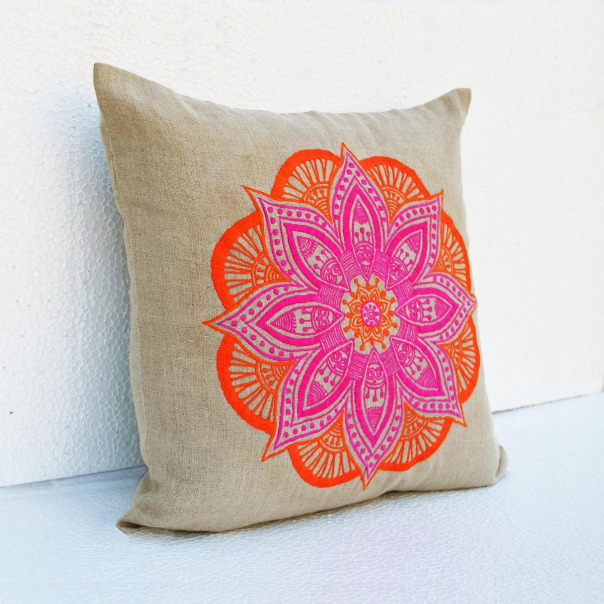 Mandala linen pillow cover, embroidered pillow case, tribal, indian craft pillow, ethnic, 16"X16"