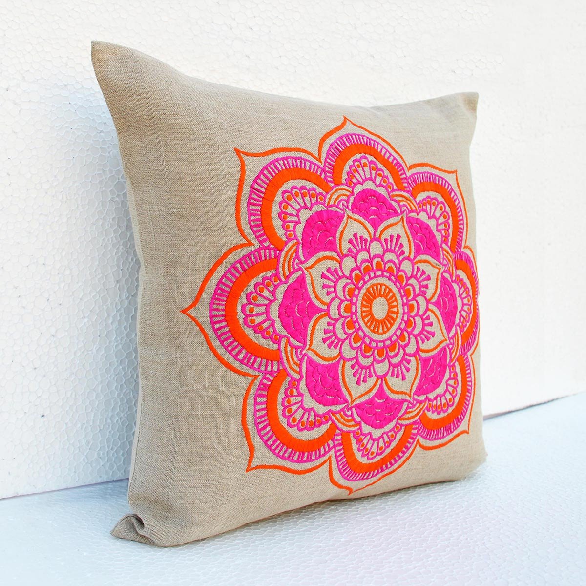 Mandala linen pillow cover, embroidered pillow case, tribal, indian craft pillow, ethnic, 16"X16"