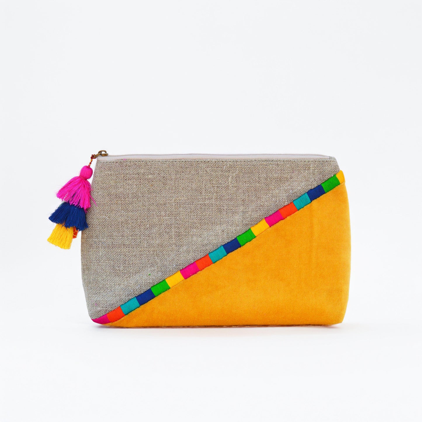 Yellow Boho pouch, colour block, linen velvet handbag, clutch bag, - Vliving