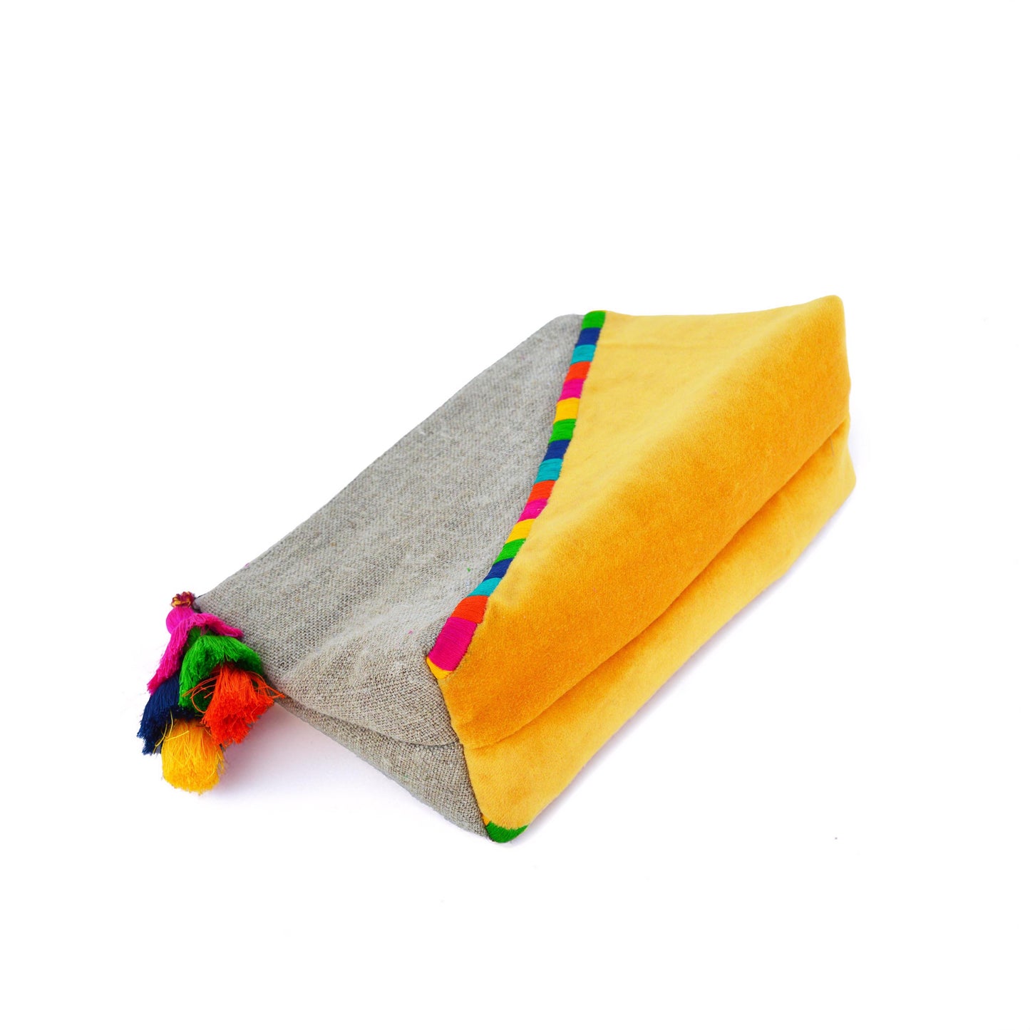 Yellow Boho pouch, colour block, linen velvet handbag, clutch bag, - Vliving