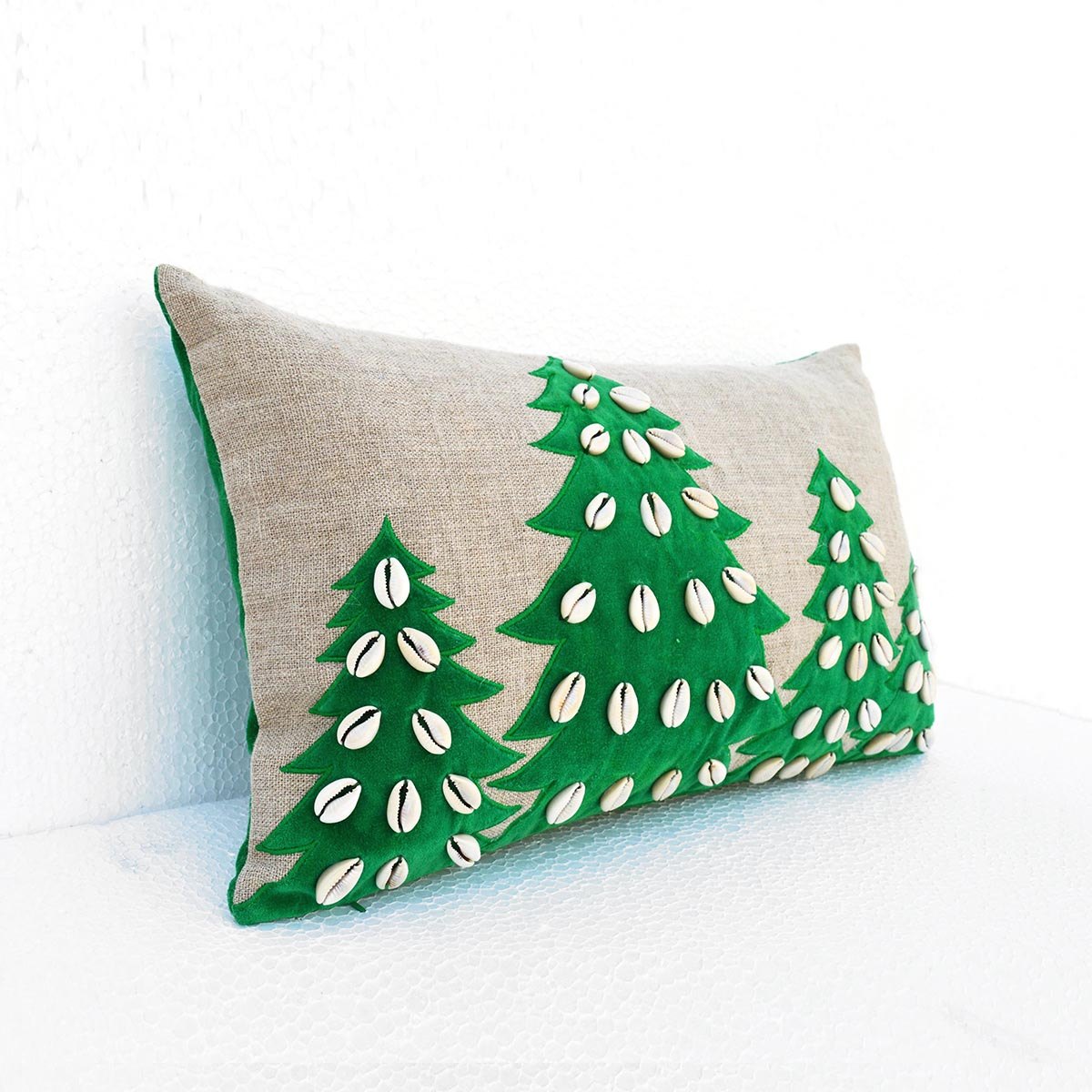 Christmas linen pillow cover, Christmas tree, velvet applique, cowri cushion cover