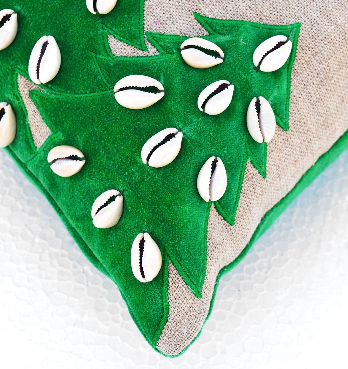 Christmas linen pillow cover, Christmas tree, velvet applique, cowri cushion cover