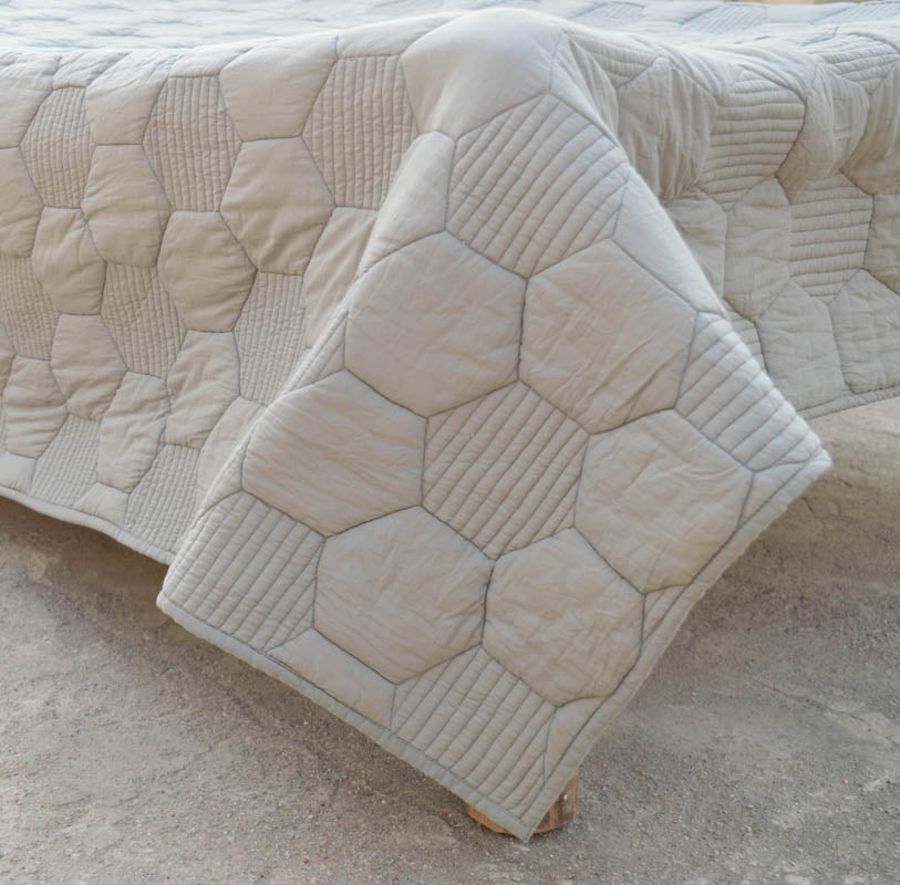 Gray quilted bedspread, hexagon pattern cotton quilt, Sizes available