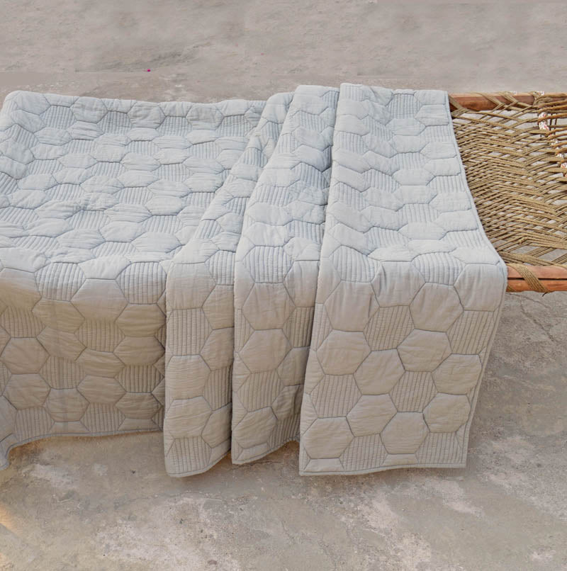 Gray quilted bedspread, hexagon pattern cotton quilt, Sizes available