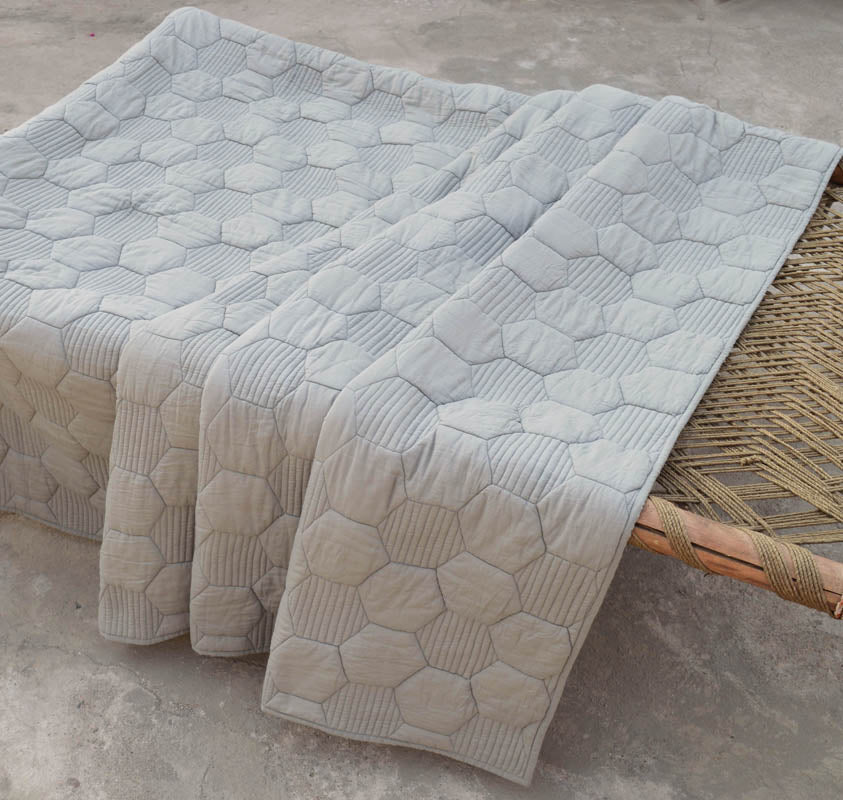 Gray quilted bedspread, hexagon pattern cotton quilt, Sizes available