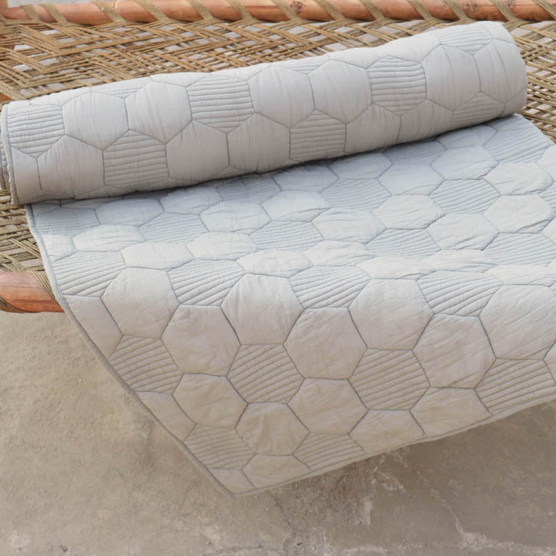Gray quilted bedspread, hexagon pattern cotton quilt, Sizes available