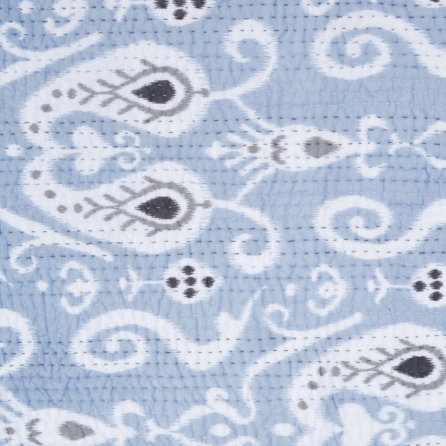 QUILTED BED SET - Blue ikat print with stripe pattern quilting, sizes available