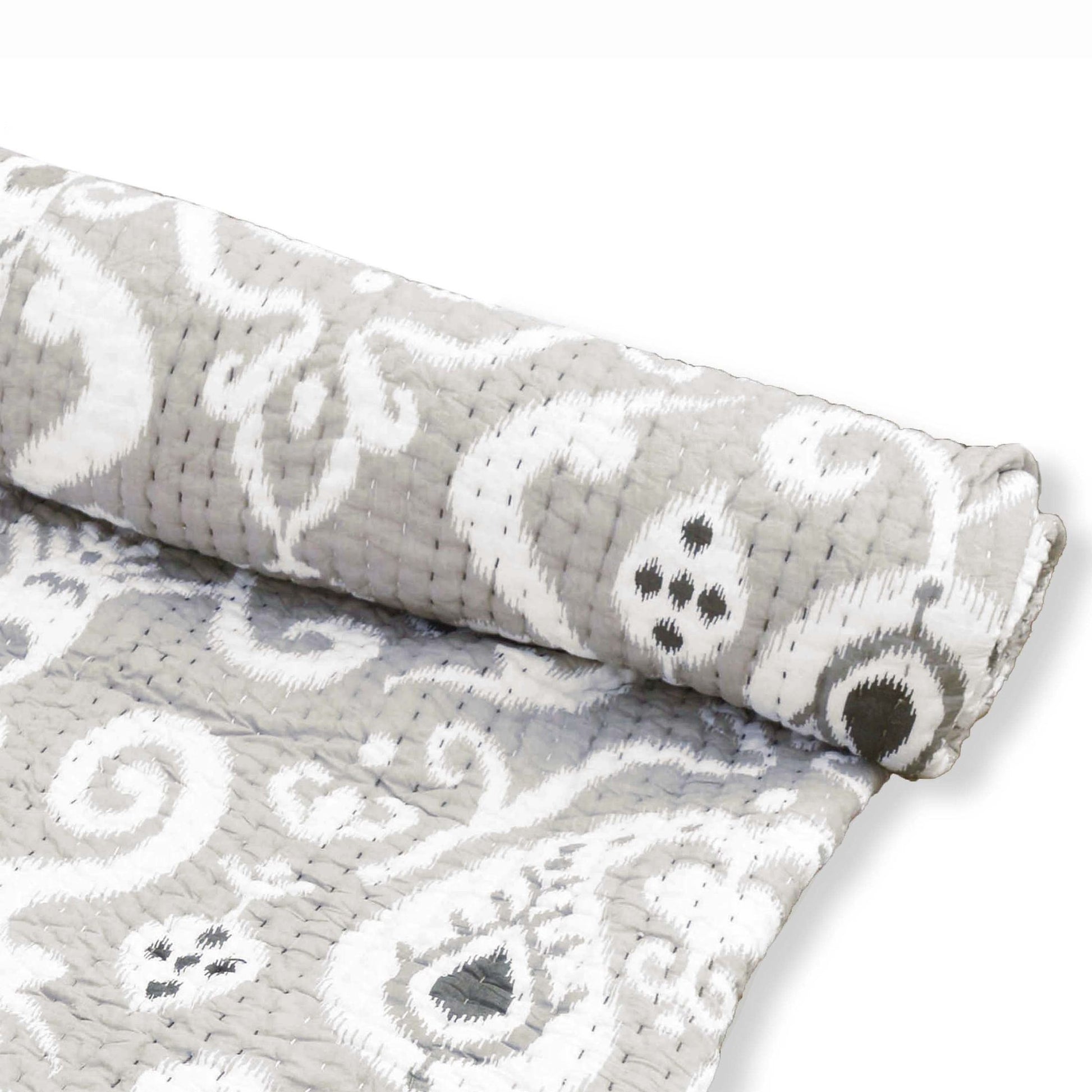 GREY IKAT print Kantha quilt - stripe pattern quilting - Quilted bed set, sizes available