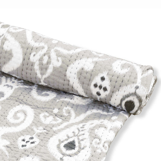 GREY IKAT print Kantha quilt - stripe pattern quilting - Quilted bed set, sizes available