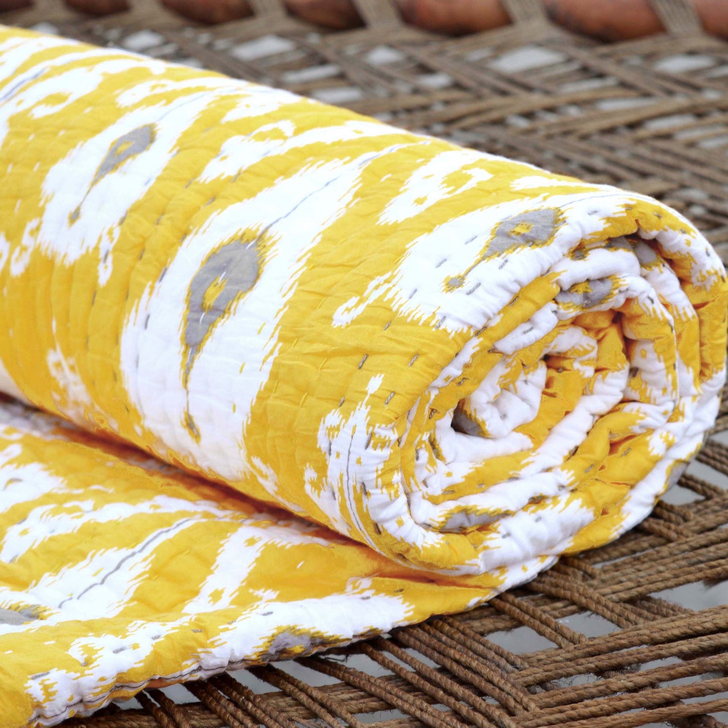 YELLOW IKAT print Kantha quilted bed set - stripe pattern quilting - Sizes available
