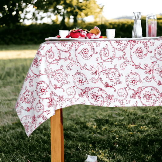 Red and white table cloth, swirl print, victorian pattern cotton table cloth