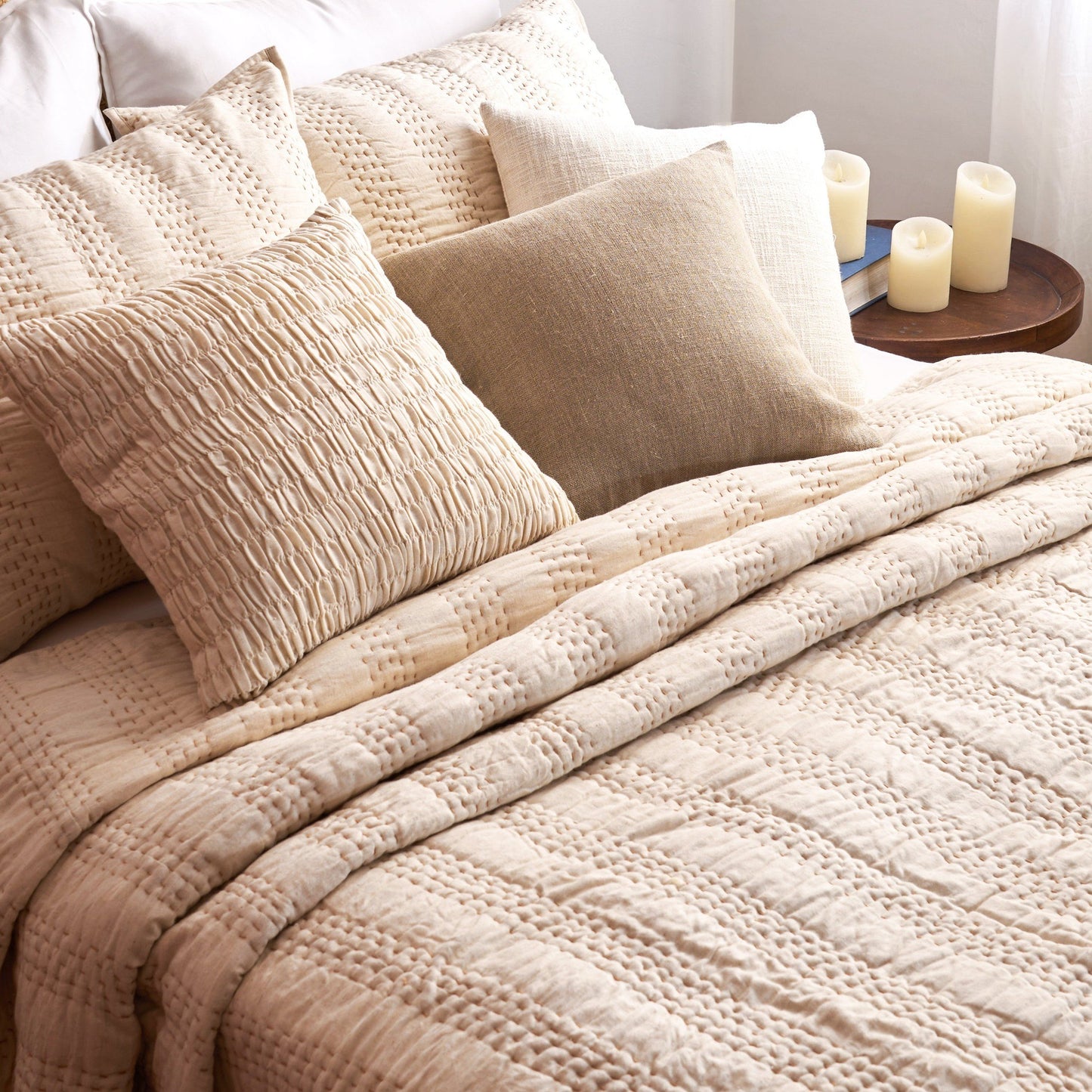 QUILTED BED SET - Beige cotton linen fabric with stripe pattern quilting, Sizes available