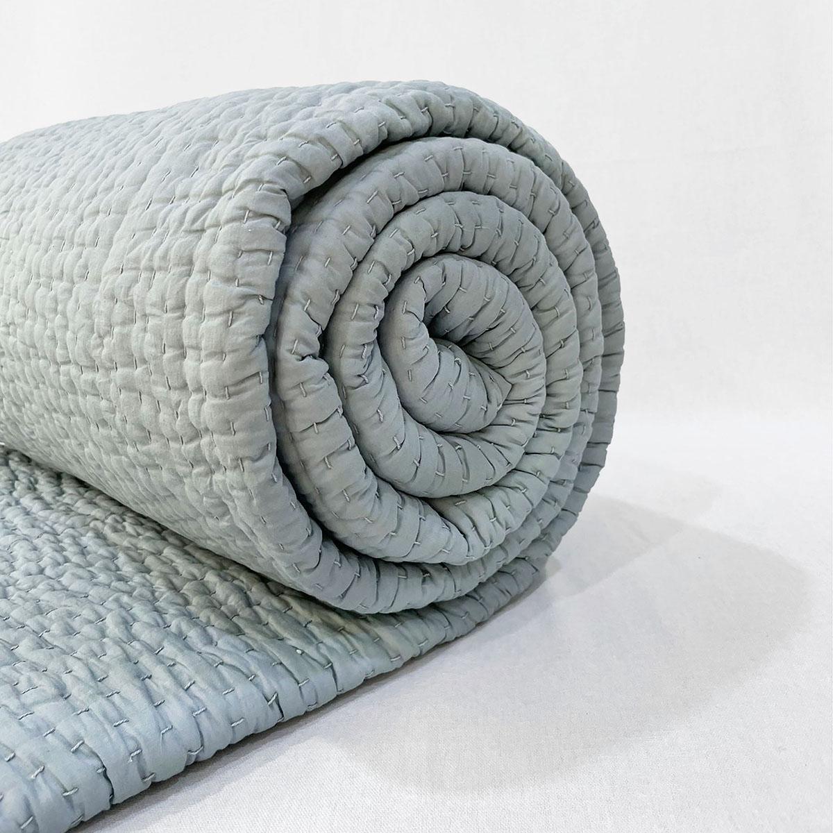 DUCK EGG colour handmade Kantha cotton Quilt with coordinated pillow cases, Sizes available