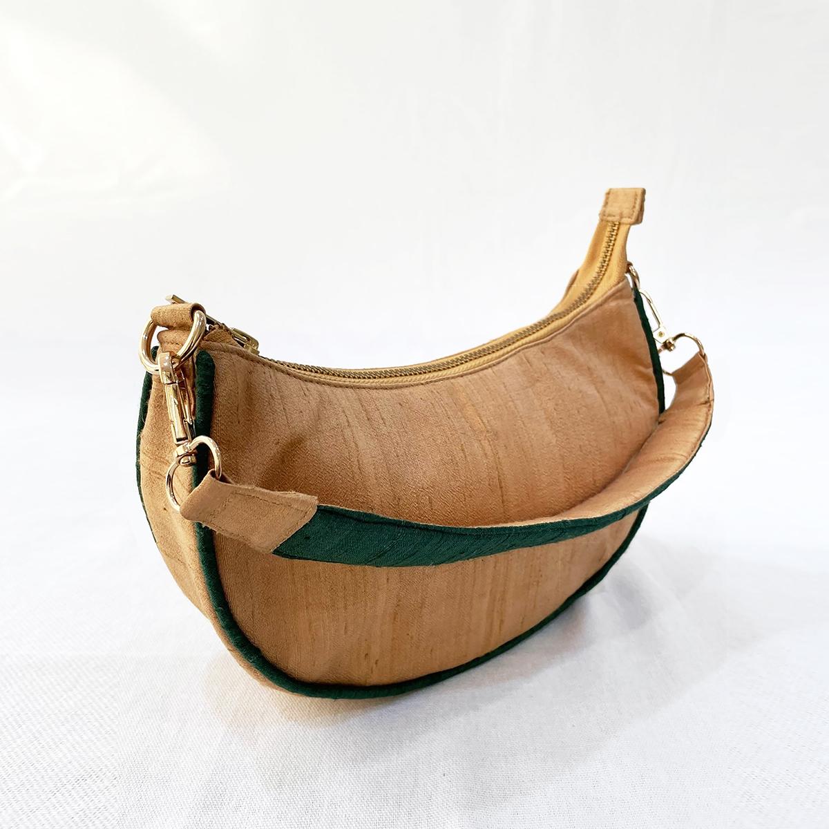 Small half moon crescent purse, pure silk, Beige & bottle green colour