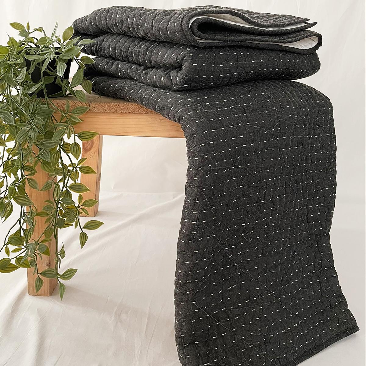 Charcoal quilted Throw blanket, hand quilted and stonewashed, stripe quilting, 100% cotton, 50X60 inches