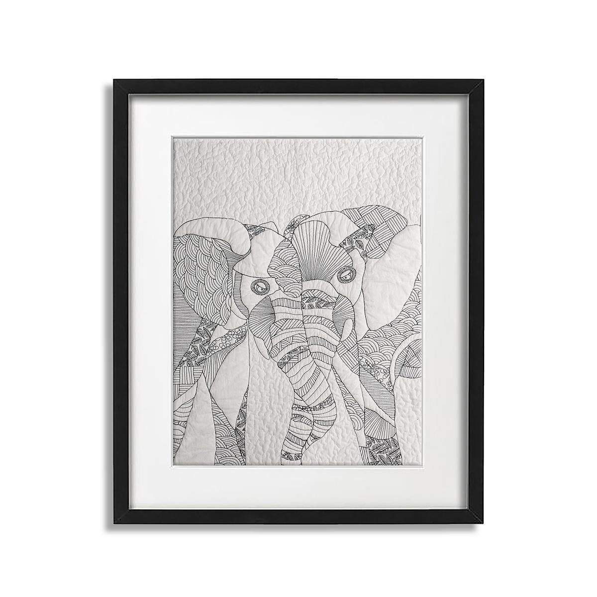Quilted Textile WALL ART, Elephant doodle pattern, black and white, 20X26 inches