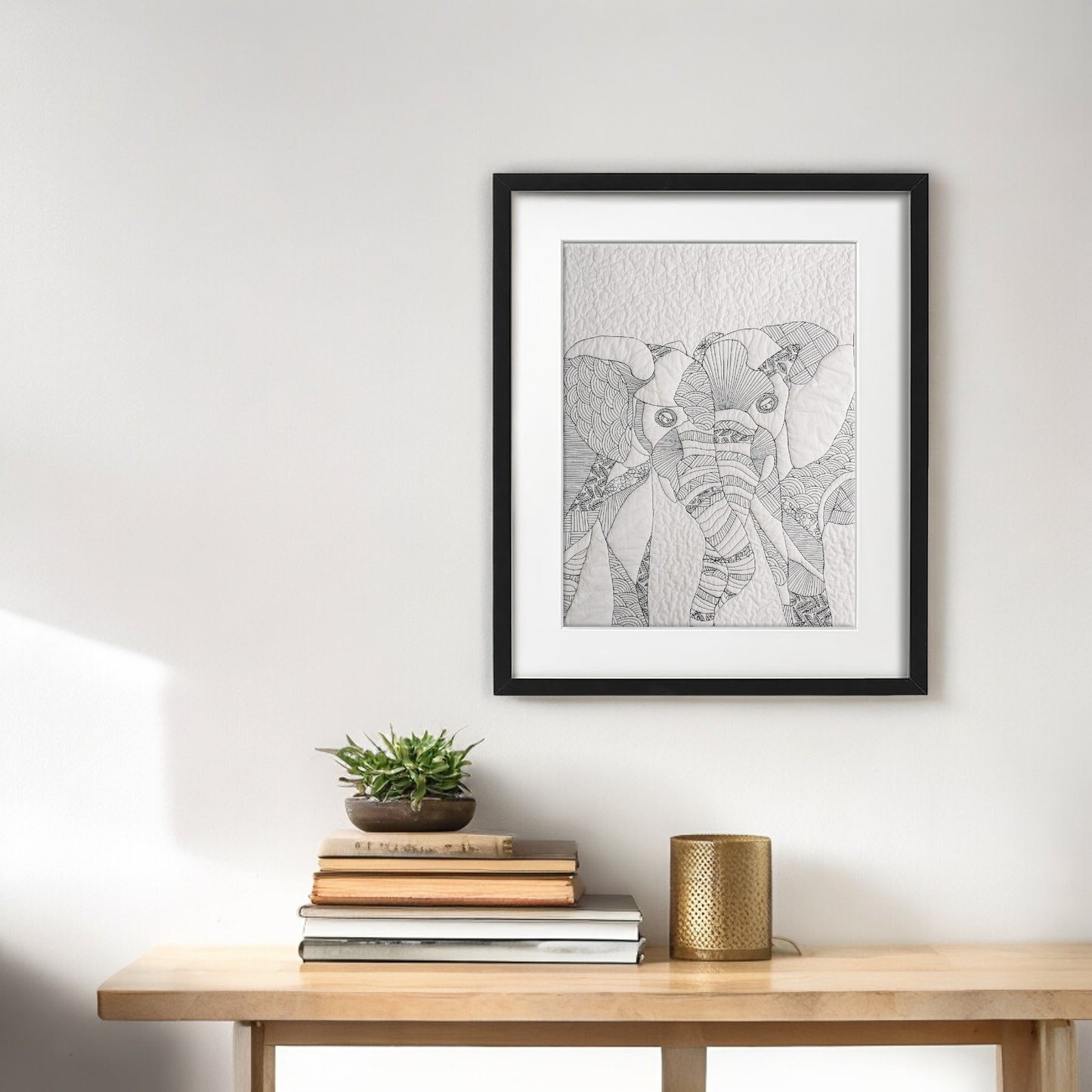 Quilted Textile WALL ART, Elephant doodle pattern, black and white, 20X26 inches