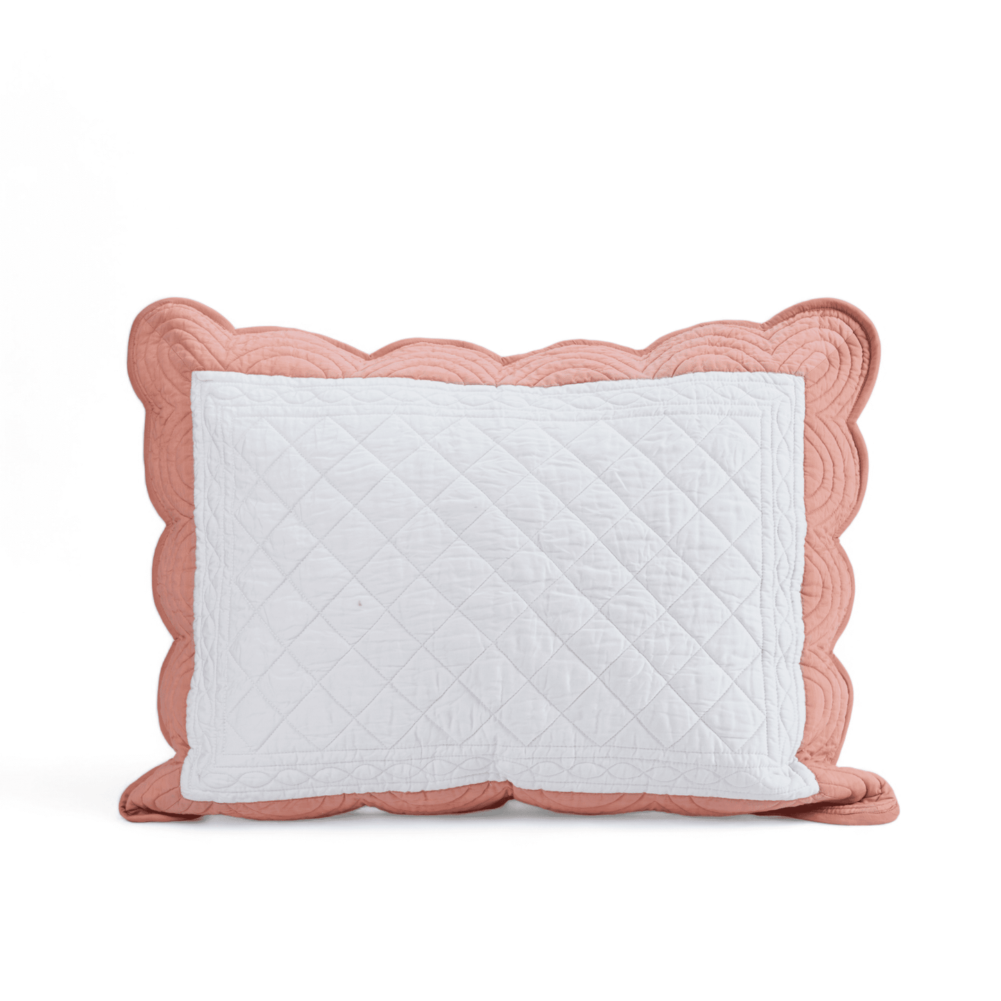 AMOUR - White and coral cotton PILLOW SHAM with scalloped border - sizes available