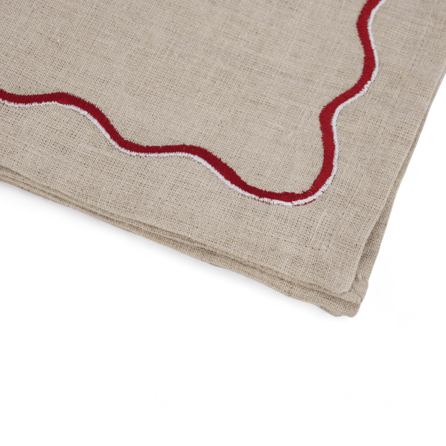 Christmas table napkins, Solid beige linen with red wave embroidery, set options available.