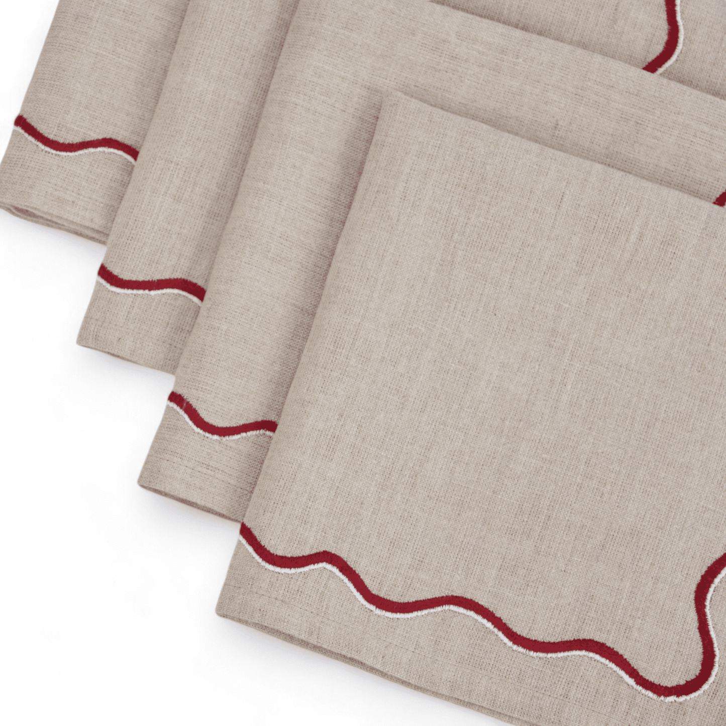Christmas table napkins, Solid beige linen with red wave embroidery, set options available.