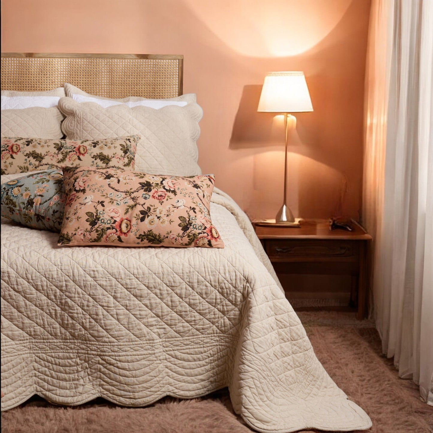 AMOUR - SCALLOPED QUILTED BED SET in beige cotton linen