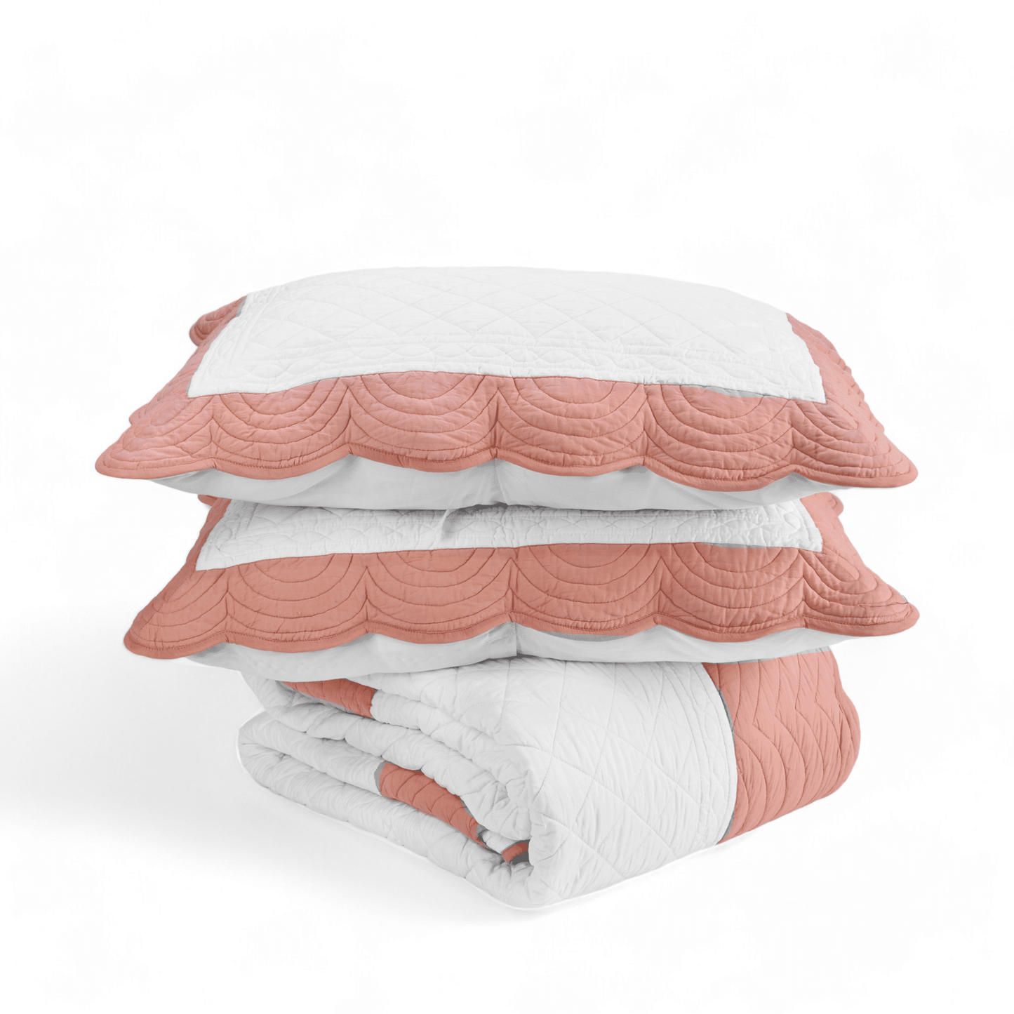 AMOUR - SCALLOPED QUILTED BED SET in white and coral cotton - sizes available