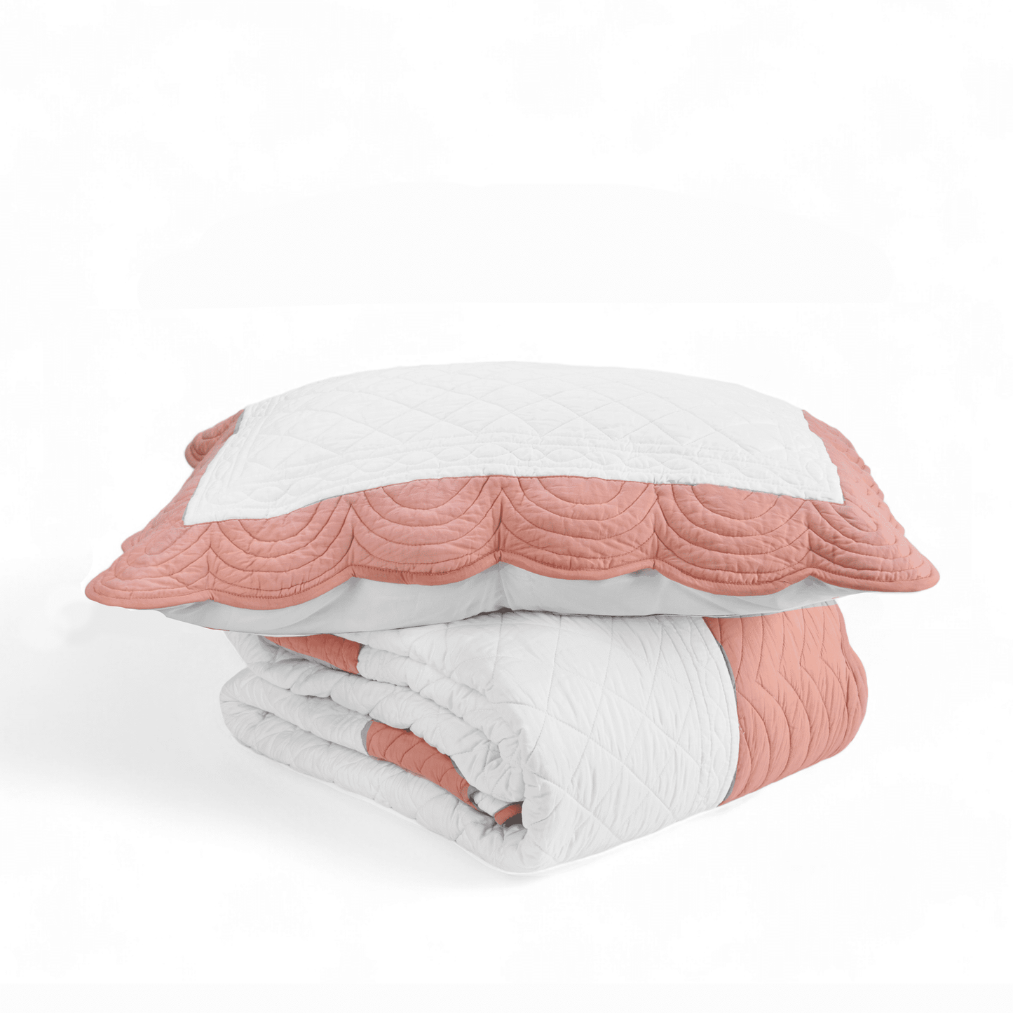 AMOUR - SCALLOPED QUILTED BED SET in white and coral cotton - sizes available