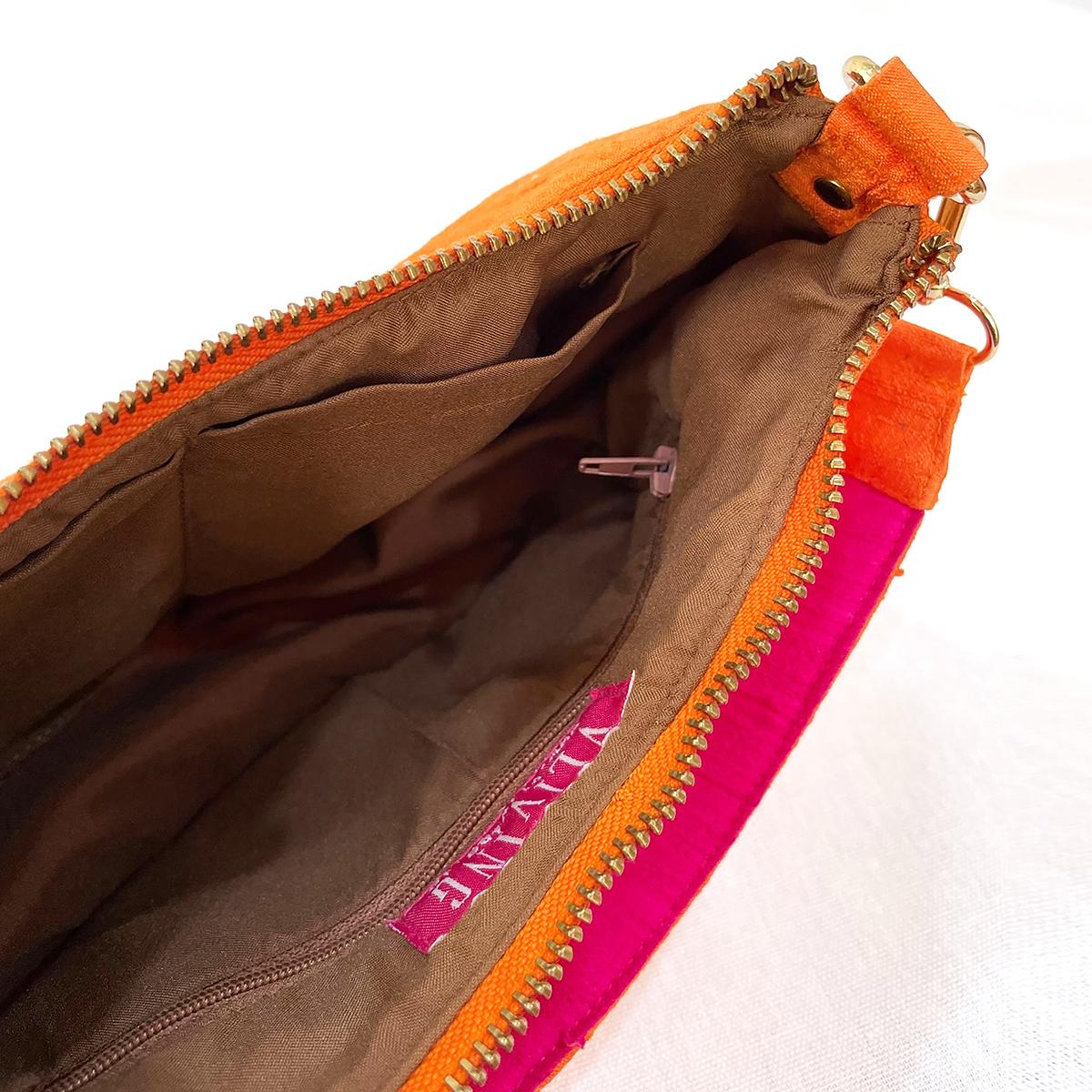 Small half moon crescent purse, pure silk, Tangerine and hot pink colour