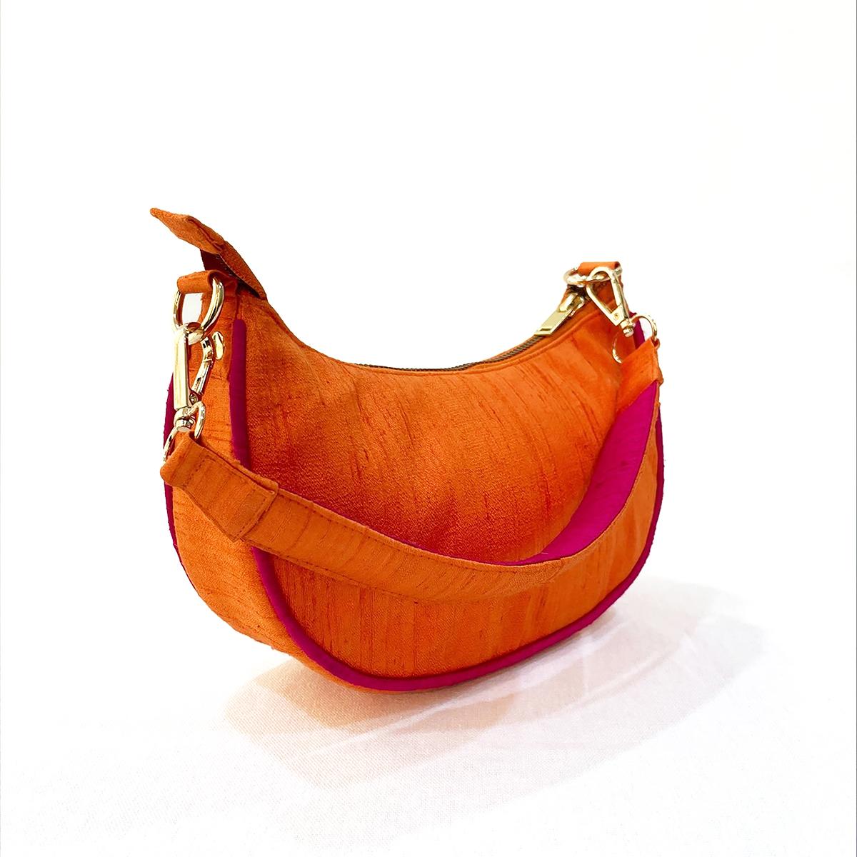 Small half moon crescent purse, pure silk, Tangerine and hot pink colour