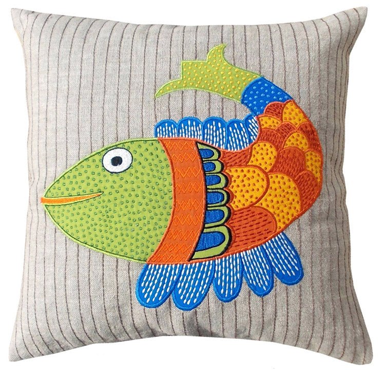 GONDAL ART Linen pillow cover, fish motif, appliqued and embroidered pillow, 16X16 inches