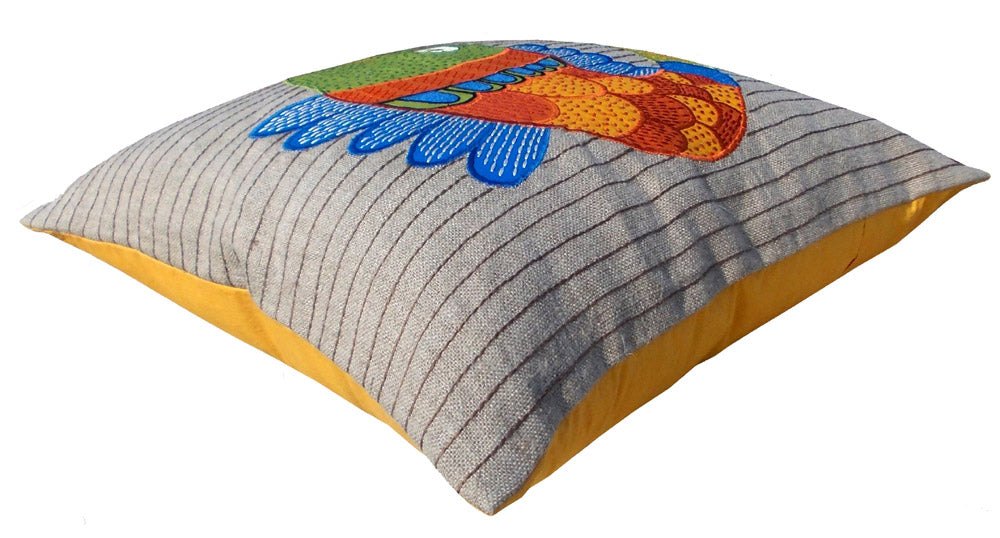 SALE 50% discount, linen pillow cover, fish, tribal, bohemian, Indian, craft, folk motif, appliqued & embroidered pillow size 16"X 16"