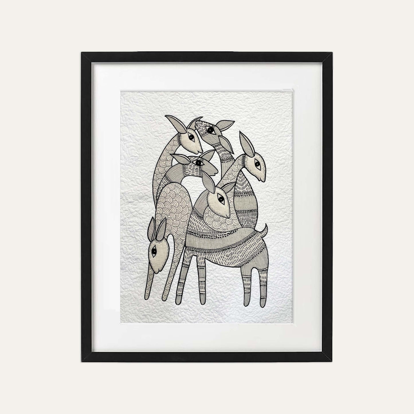 Quilted Textile WALL ART, Gondal art Hiran, black and white, 20X26 inches