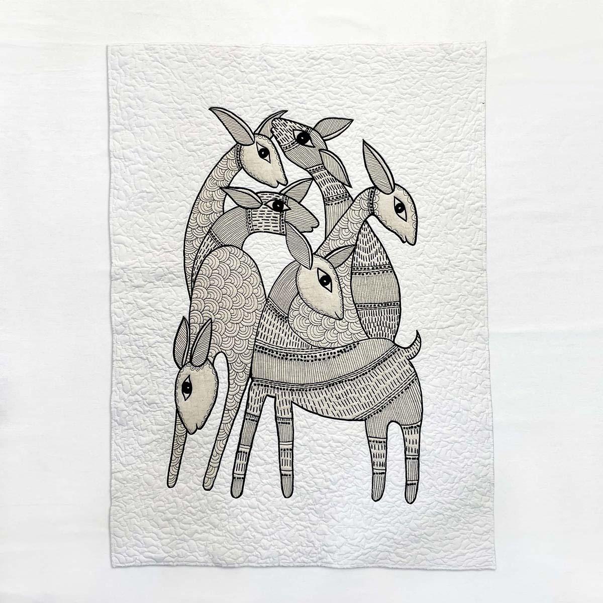 Quilted Textile WALL ART, Gondal art Hiran, black and white, 20X26 inches