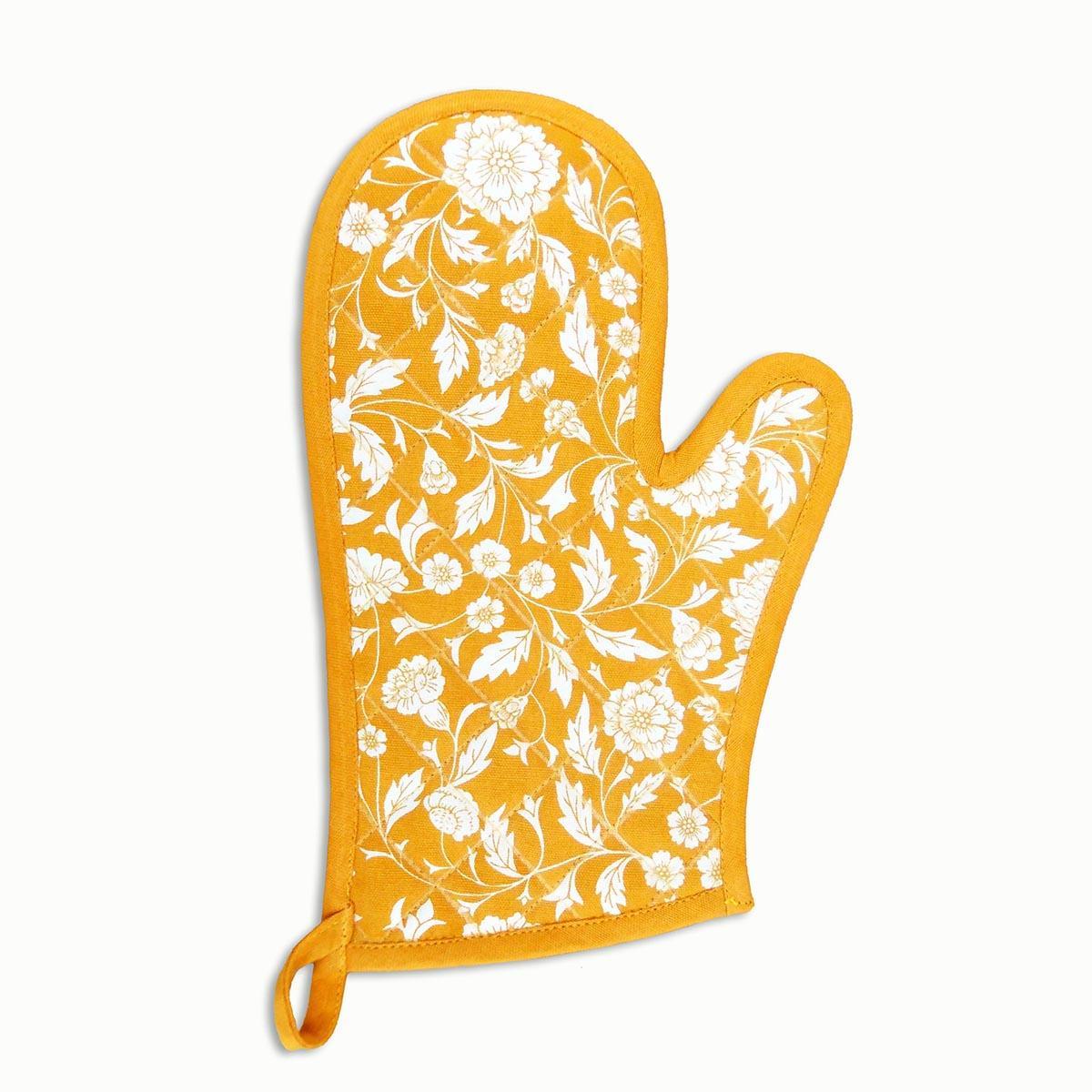 Kalamkari Mustard Yellow quilted oven mitt, quilted potholder, kitchen accessory, pure cotton