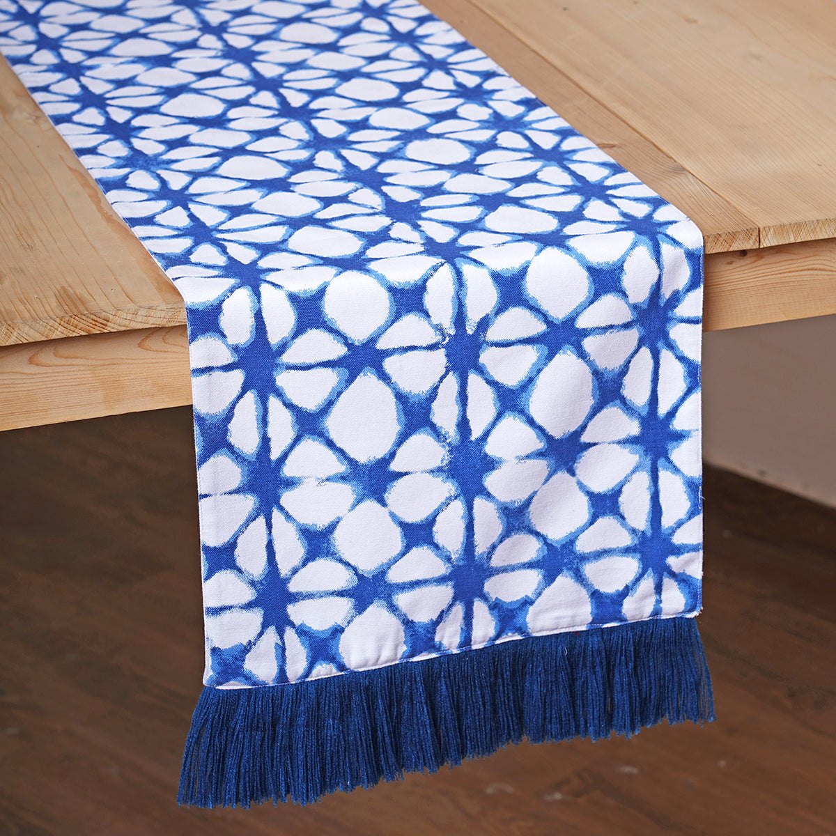 Blue table runner, tie dye prism print, blue fringe border, sizes available