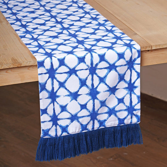 Blue table runner, tie dye prism print, blue fringe border, sizes available