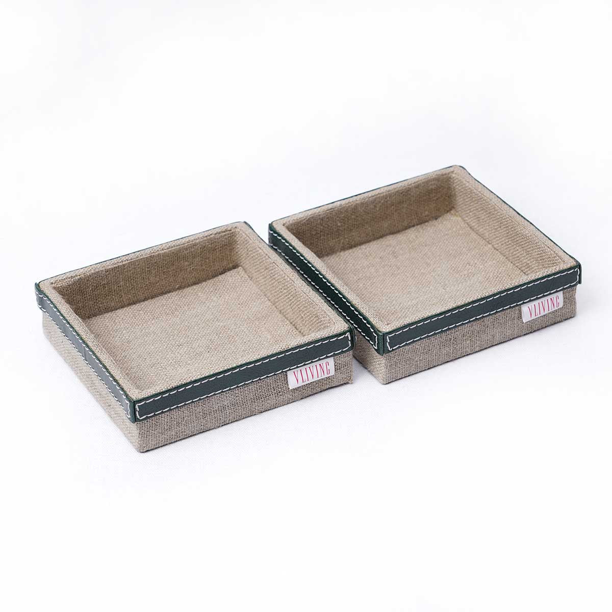 Trays in Natural Linen with green Leather trims, Rustic Holiday Decor Christmas, sizes available