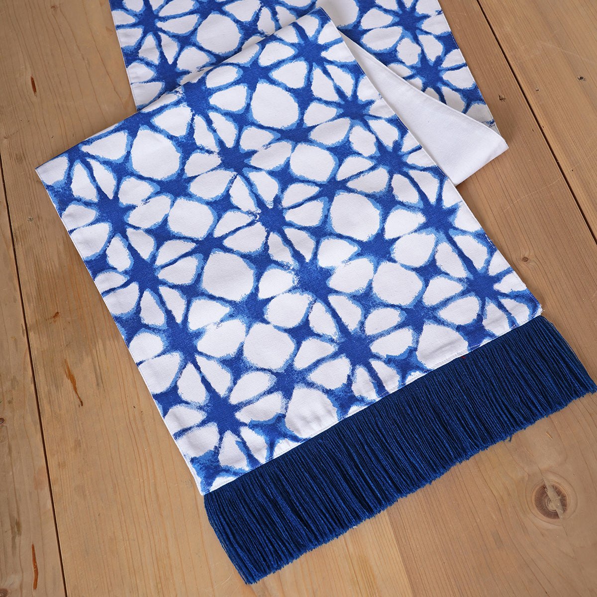 Blue table runner, tie dye prism print, blue fringe border, sizes available