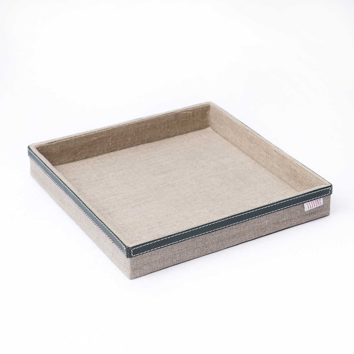 Trays in Natural Linen with green Leather trims, Rustic Holiday Decor Christmas, sizes available