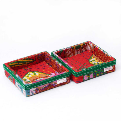 Kantha Decorative Trays in Red print Fabric, Sizes available