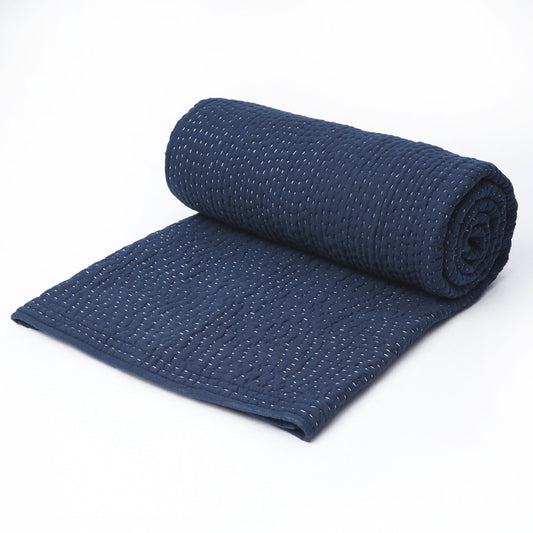 Indigo Kantha quilted bed set - hand quilted 4 layer muslin gauze, sizes available