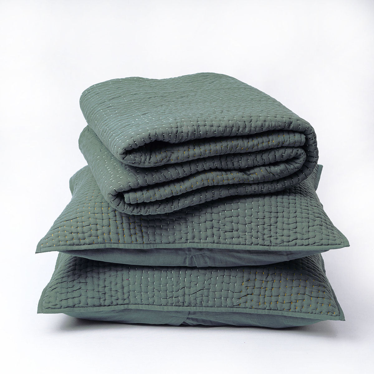 Olive Green Kantha quilt set, hand quilted 4 layer muslin gauze with cotton wadding, sizes available