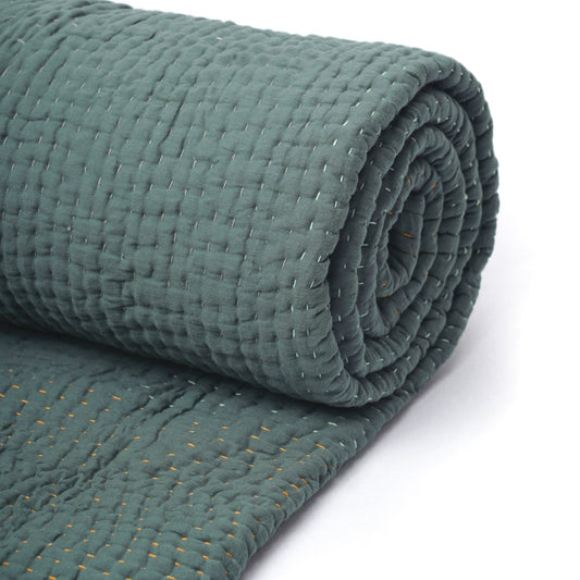 Olive Green quilted bed set - hand quilted 4 layer muslin gauze, sizes available