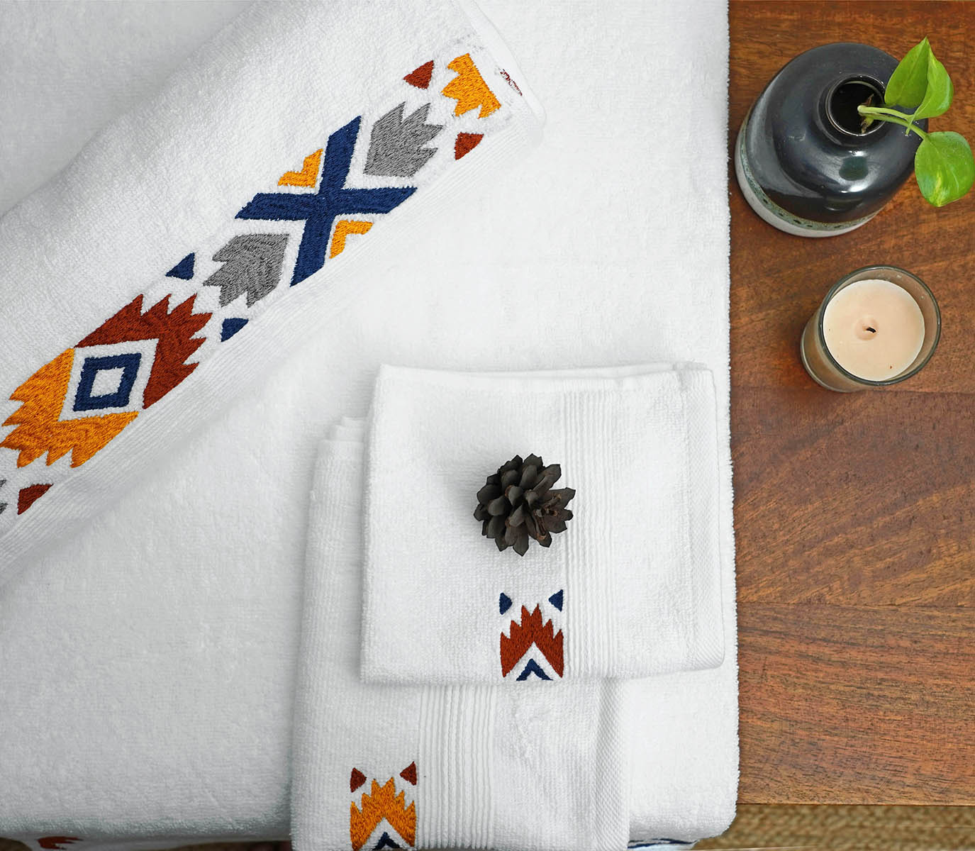Kilim Embroidered white organic cotton Bath towels, sizes available