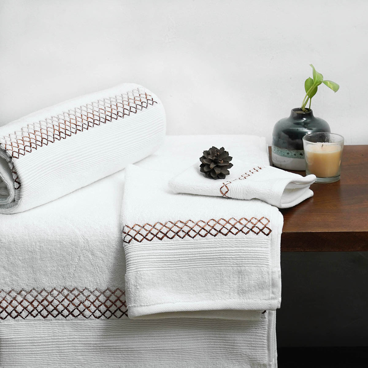 Embroidered white organic cotton Bath towels, sizes available