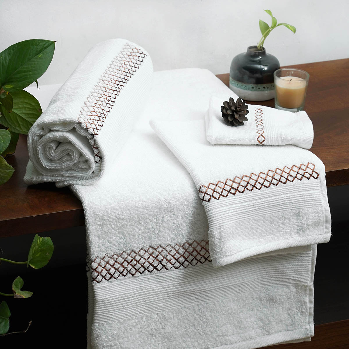Embroidered white organic cotton Bath towels, sizes available