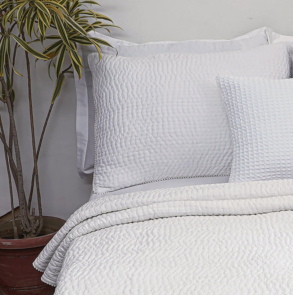 SHWET - White Kantha Quilted bed set, Stripe quilting, 100% cotton