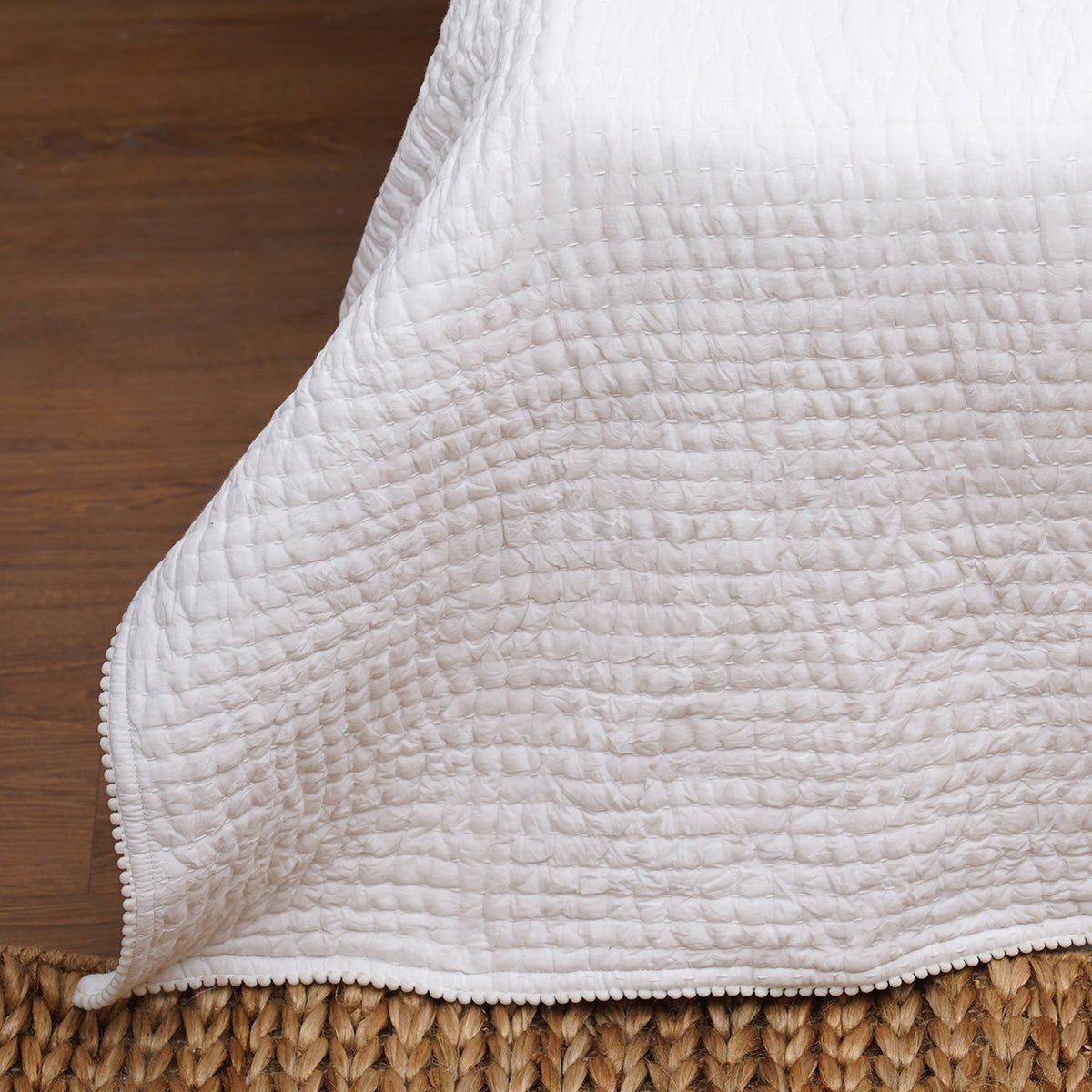 SHWET - White Kantha Quilted bed set, Stripe quilting, 100% cotton